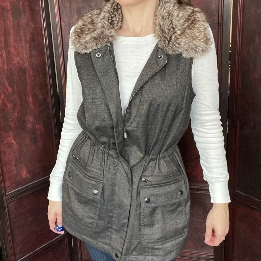 J Jill Utility Tweed vest faux fur adjustable brown size s - Picture 4 of 13